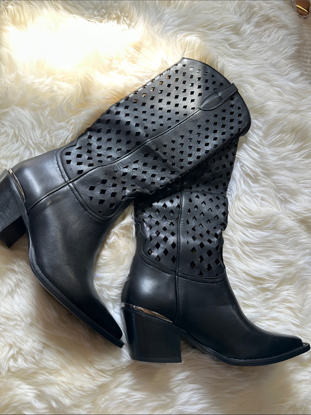 Free People Black Perforated Mid-Calf Heeled Boots